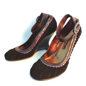 Roberto Botella Suede Wedge Heels Ankle Strap Buckle Ribbed Dark Brown US 6.5